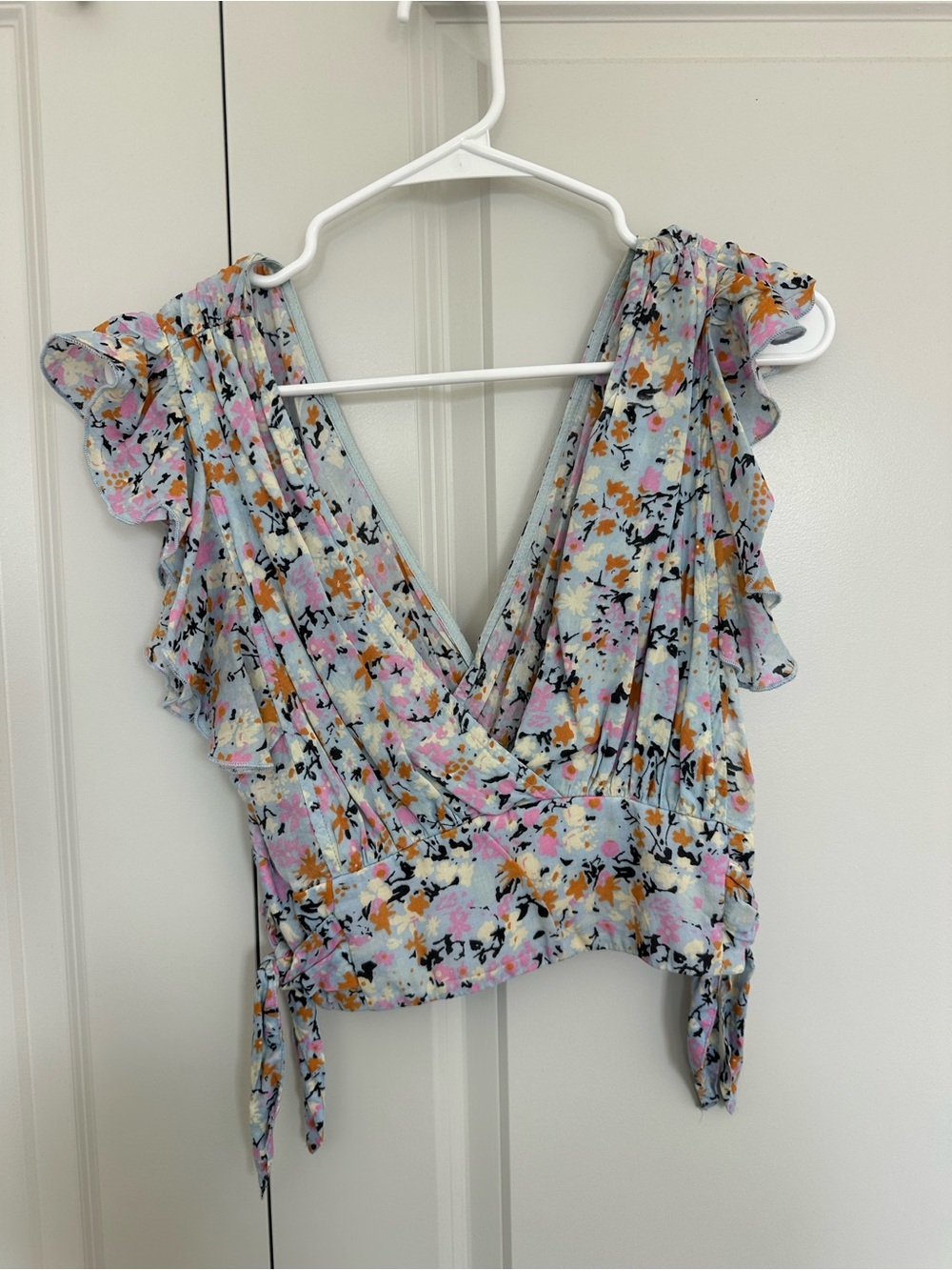 Free People Pastel Floral Wrap Crop Top in Light Blue
